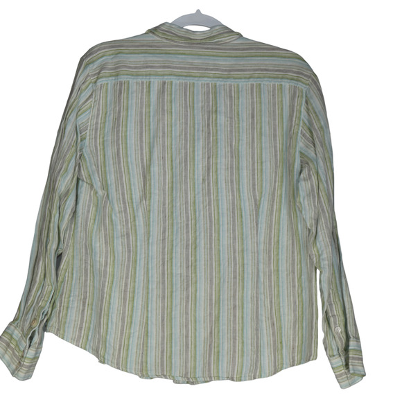 Chicos Blouse Womens Size 2 Green Stripe 100% Linen Long Sleeve Collared - Picture 4 of 8